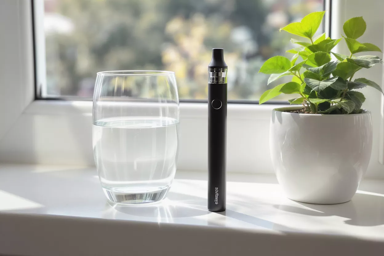 Vaporisateur noir, verre d'eau et plante en pot sur un rebord de fenêtre ensoleillé.
