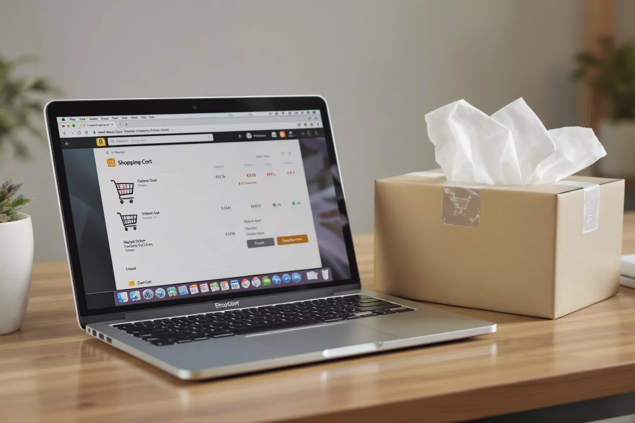 Ordinateur portable affichant un panier d'achat à côté d'une boîte de mouchoirs sur un bureau en bois.