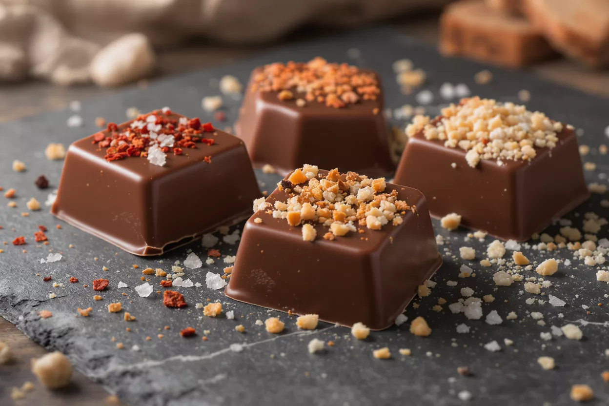 Quatre bonbons carrés en chocolat avec diverses garnitures sur une surface d'ardoise sombre.