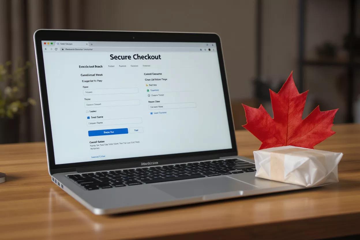 Laptop displaying a secure checkout page, next to a red maple leaf.