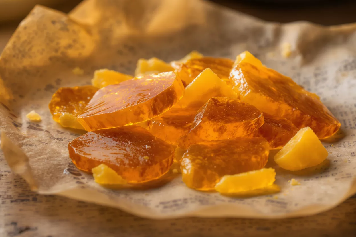 Close-up of golden amber-colored candy pieces on crinkled parchment paper.