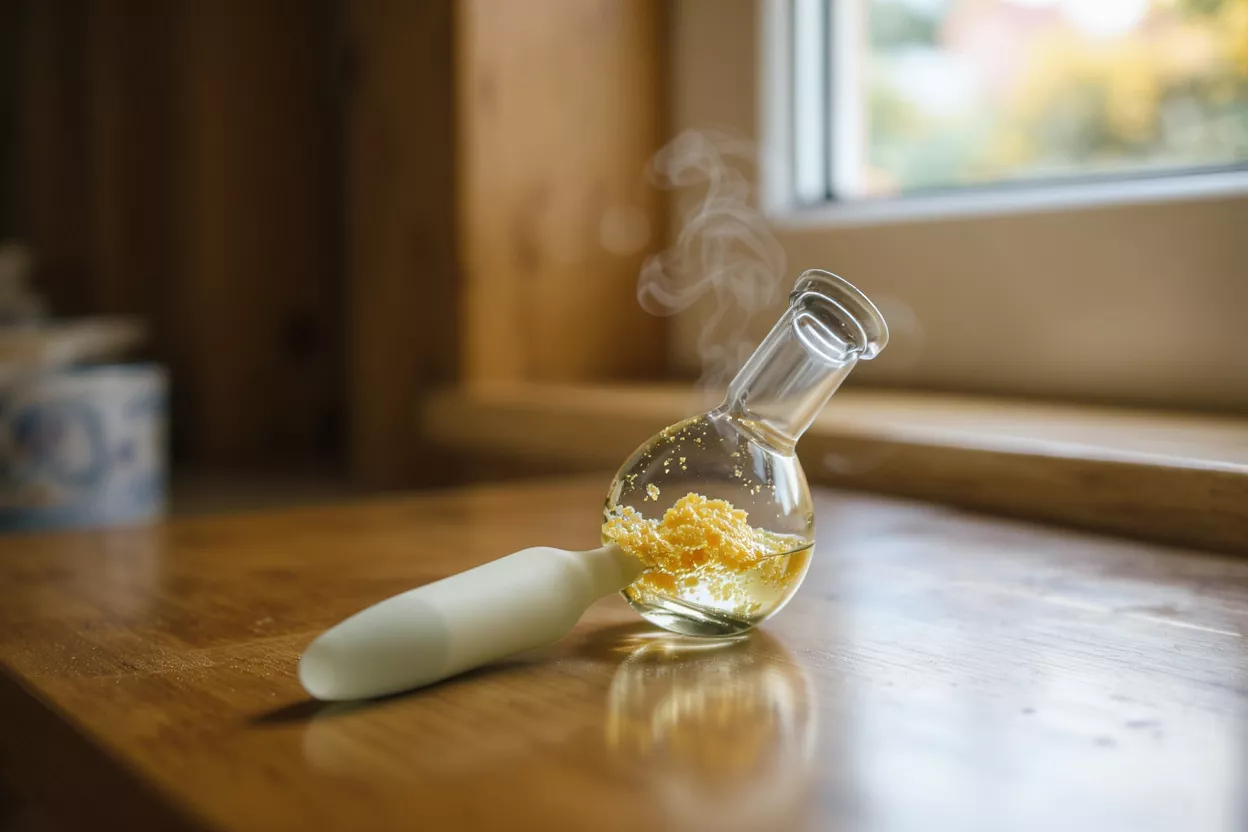 A glass pipe with yellow granular substance and liquid, emitting smoke, on a wooden surface.