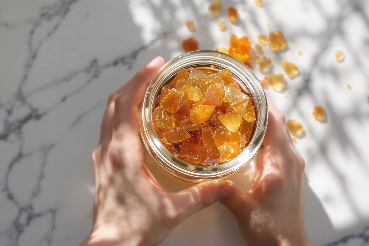 Hands holding a jar filled with amber-colored resin pieces on a marble surface.