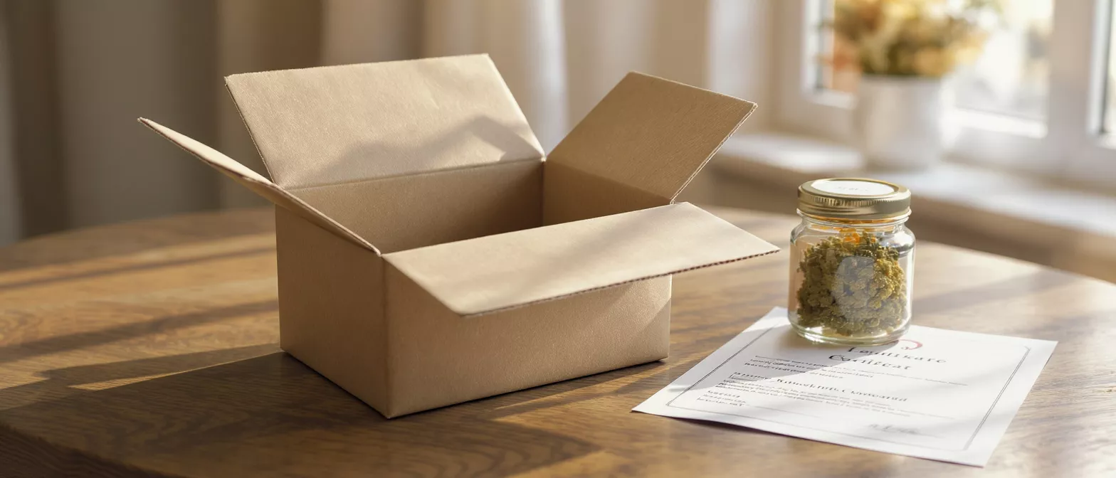 Una caja de cartón abierta, un frasco de cannabis y un certificado sobre una mesa de madera.