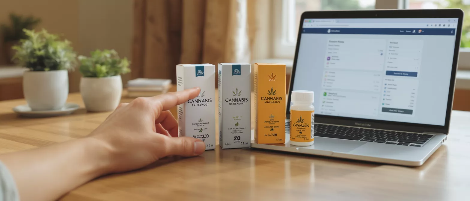 Hand pointing to cannabis product boxes and bottle next to a laptop.
