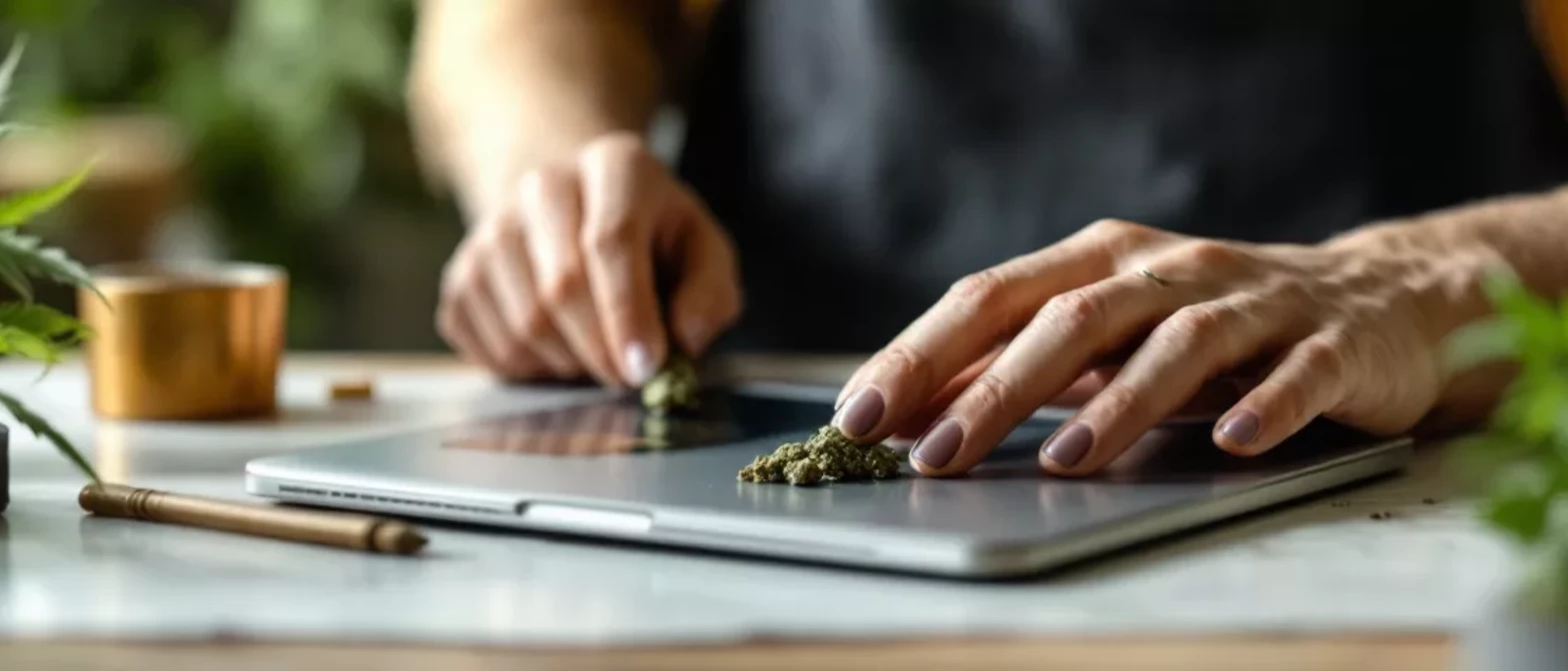 Person preparing cannabis on a tablet with plants around