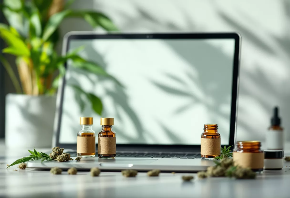 Three herbal oil bottles beside a laptop and plants