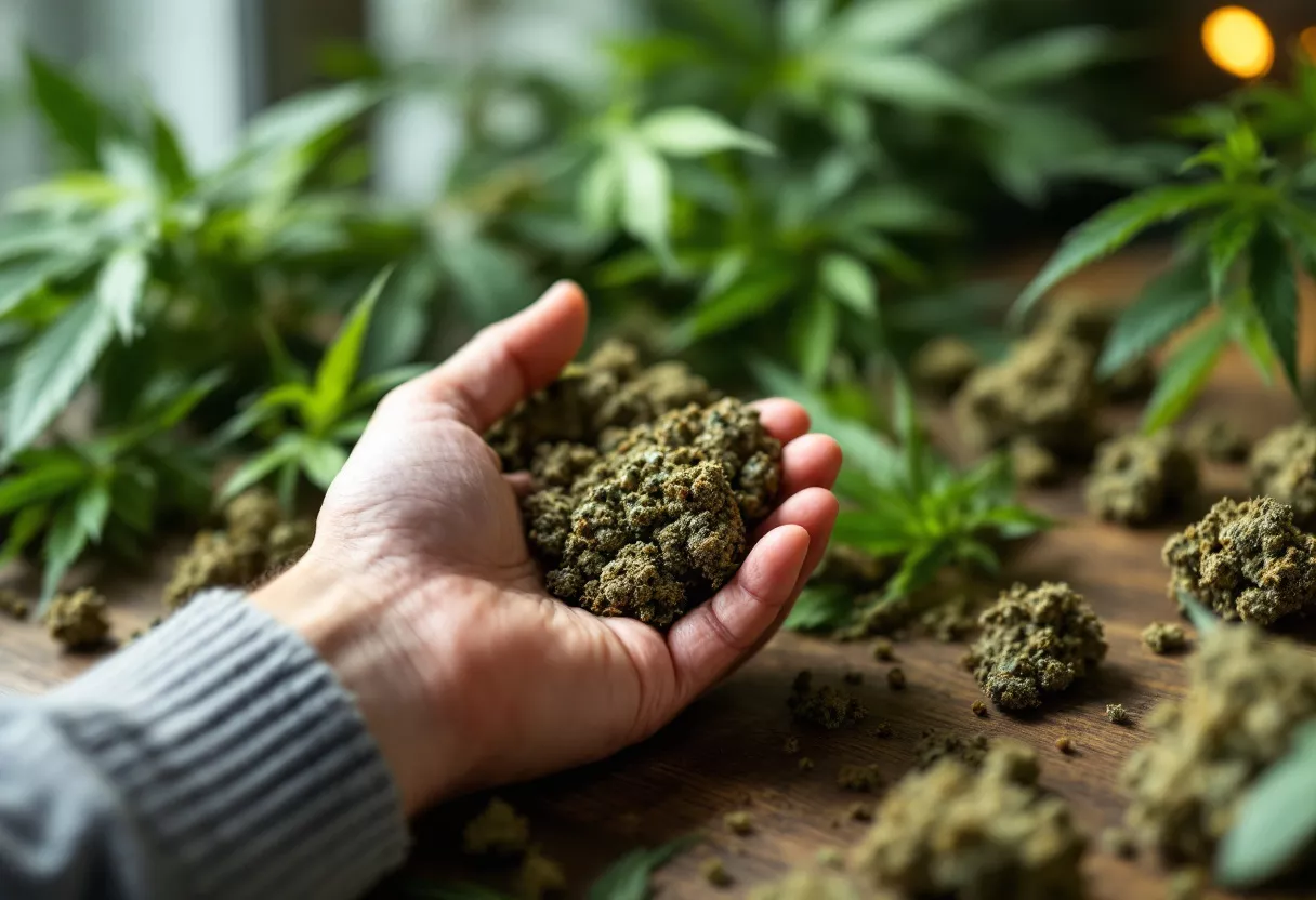 Hand holding cannabis buds with green leaves in background