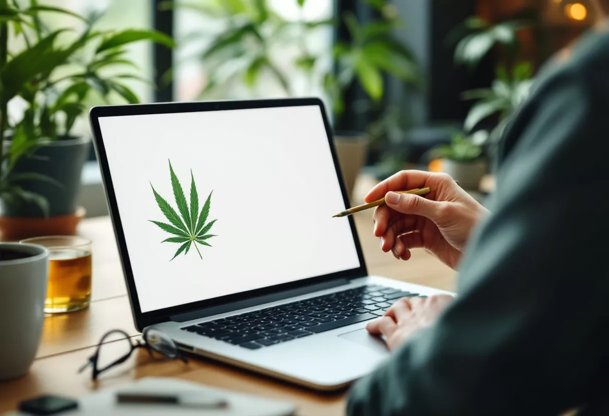 Person working on laptop with cannabis leaf displayed