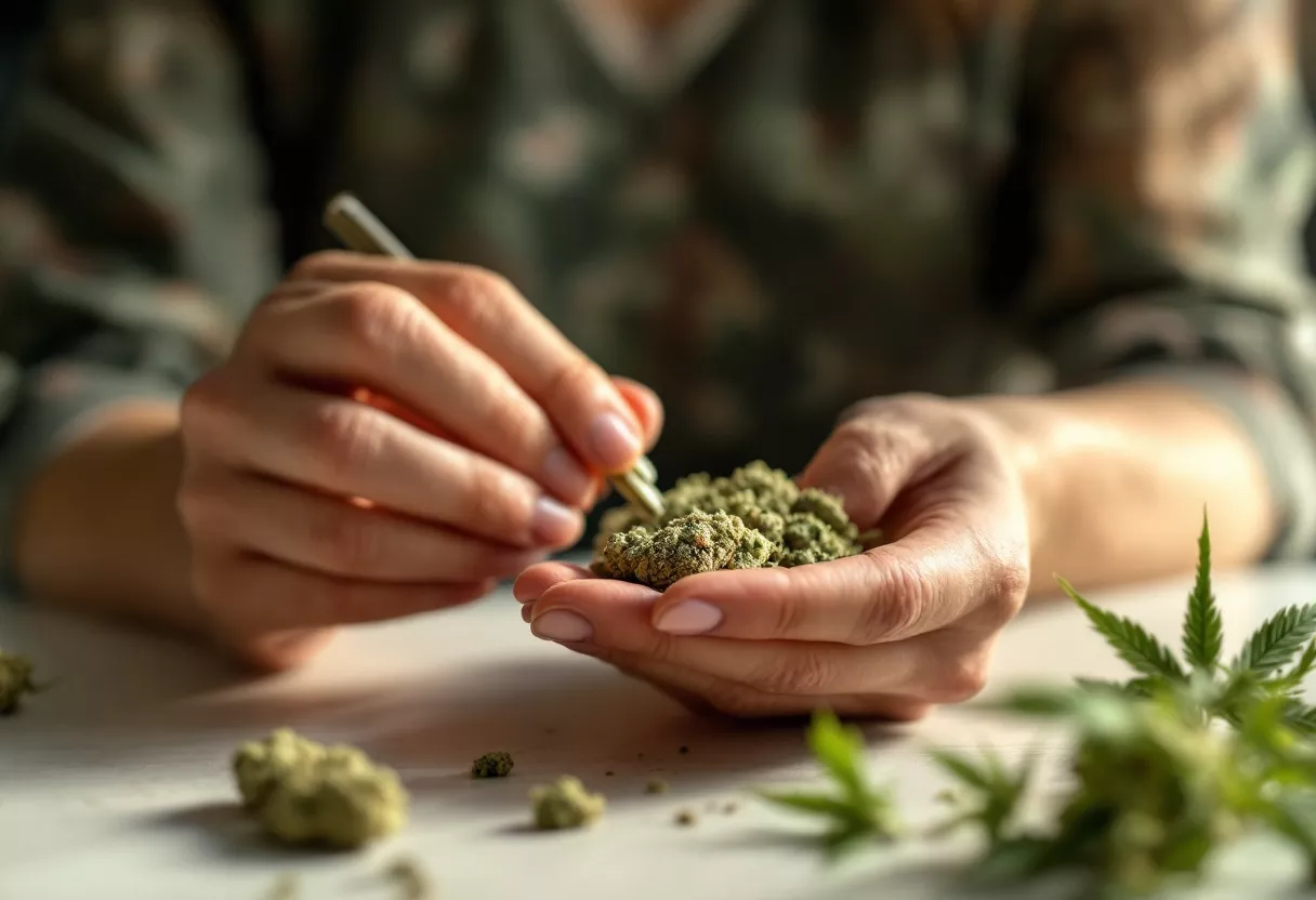 Hands preparing cannabis buds on a table