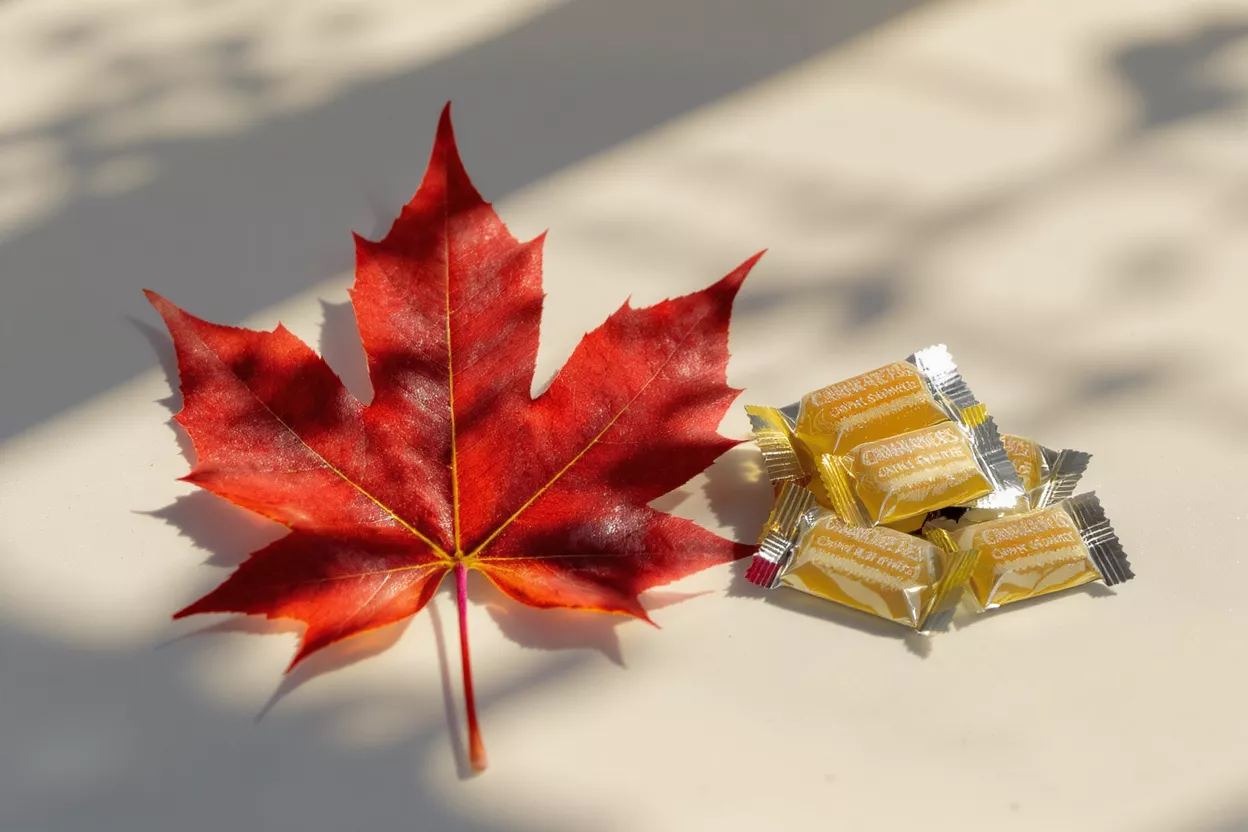 Une feuille d'érable rouge vif à côté d'une pile de bonbons au caramel emballés individuellement.