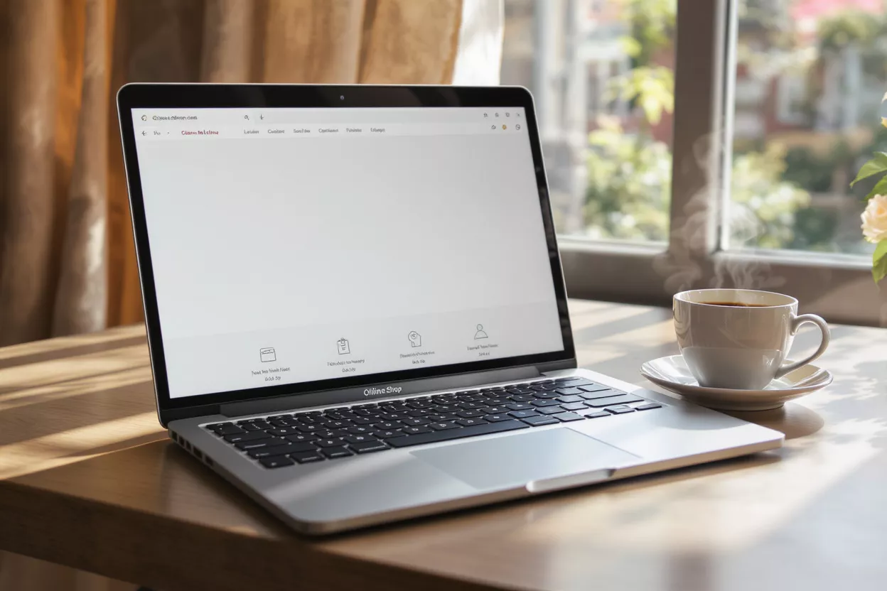 Ordinateur portable avec boutique en ligne à l'écran, tasse de café fumante et vue sur la fenêtre.
