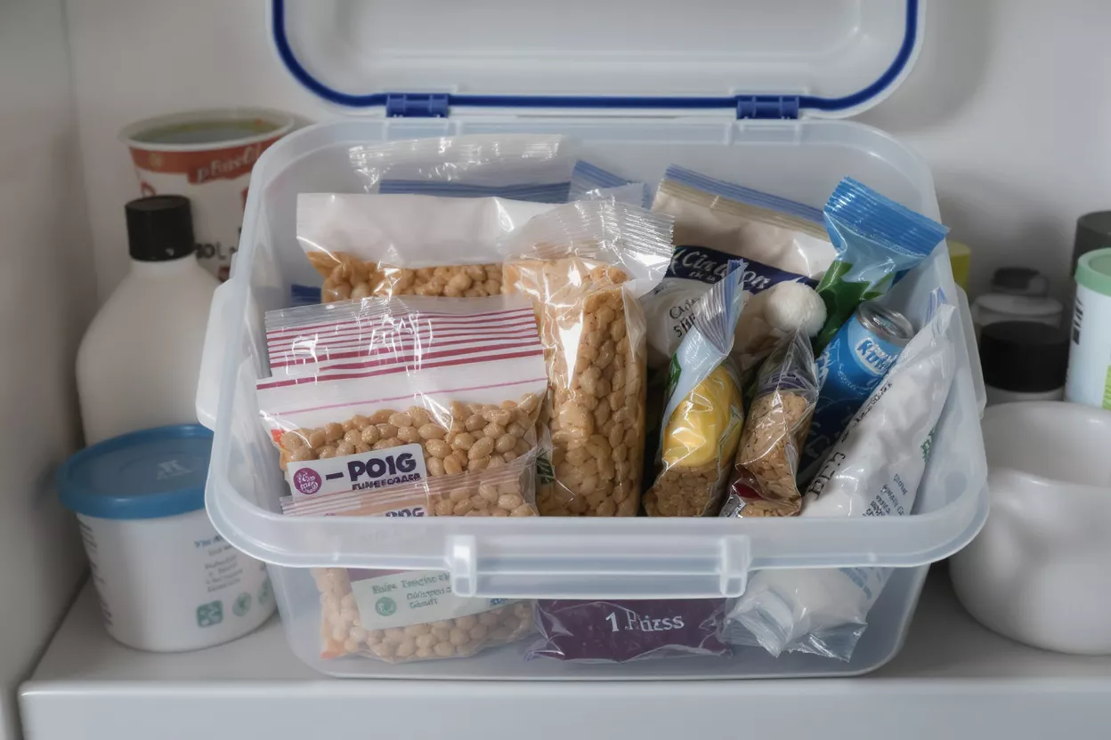 Boîte en plastique transparent remplie de divers aliments en sachets sur une étagère blanche.