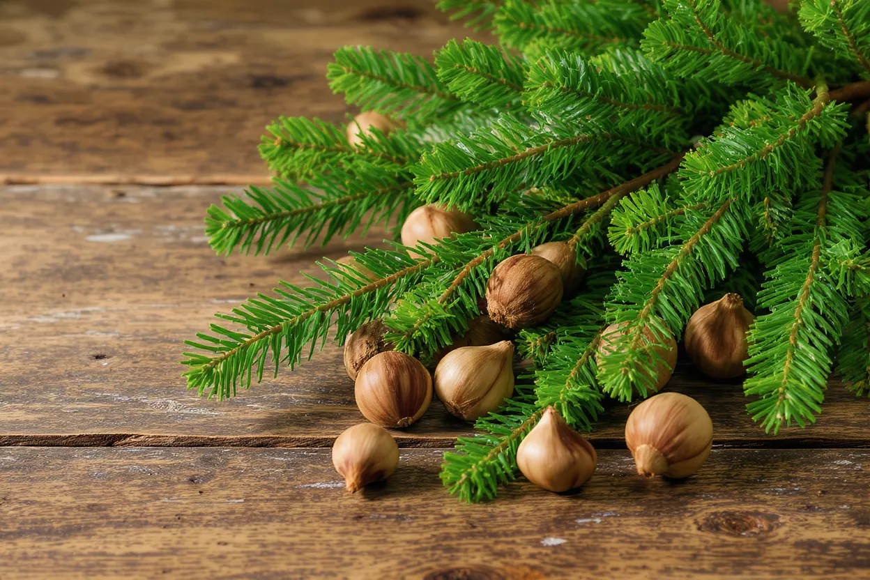 Green spruce branches and light brown tulip bulbs on a rustic wooden surface.