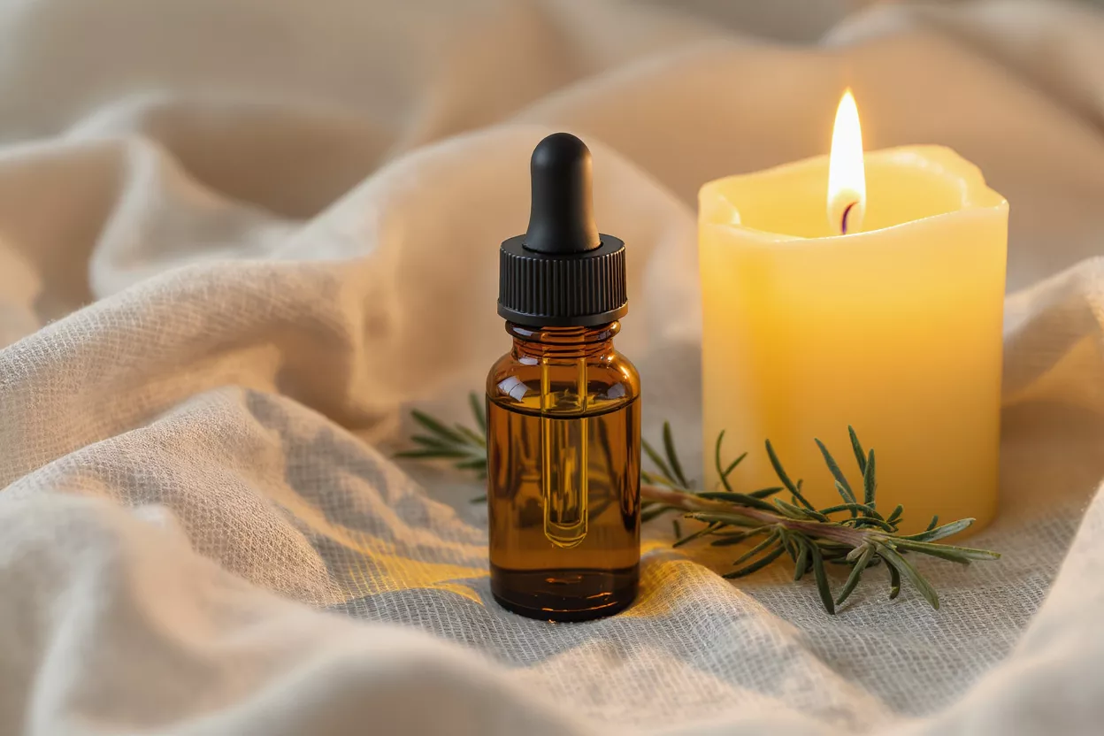 Amber dropper bottle, lit candle, and rosemary sprig on a textured fabric.