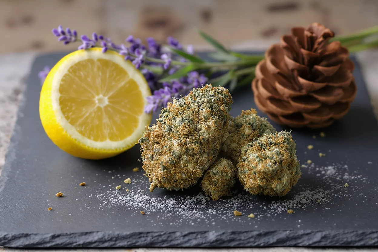 Cannabis buds, lemon half, lavender, and pinecone on a dark slate surface.