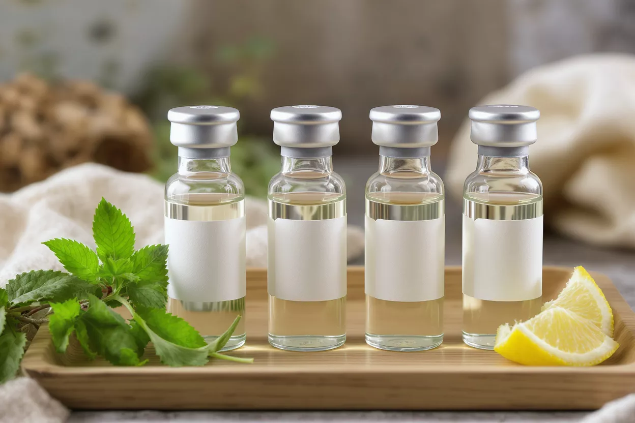 Four clear vials of essential oil with mint leaves and lemon slices on a wooden tray.