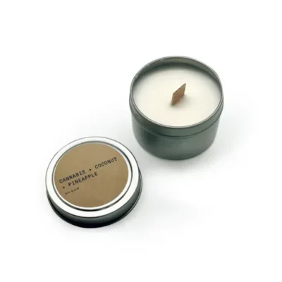 Portable scented candle with cannabis, coconut, pineapple aroma, and crackling wooden wick.