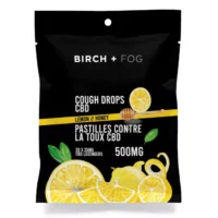 Birch + Fog 20ct Lemon Honey CBD Cough Drops, 500mg package.
