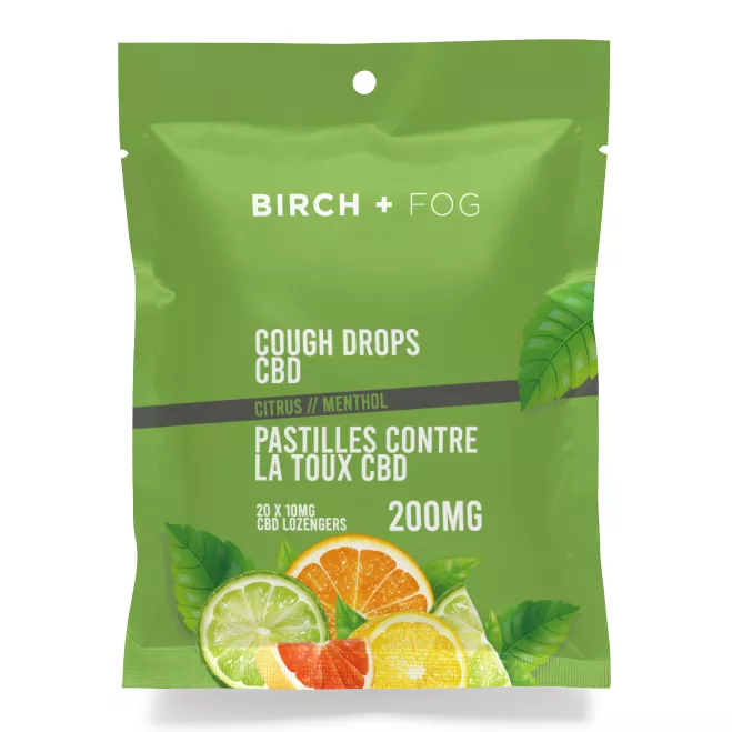 Birch + Fog Citrus Menthol CBD Cough Drops, 200mg package with fruit illustrations.