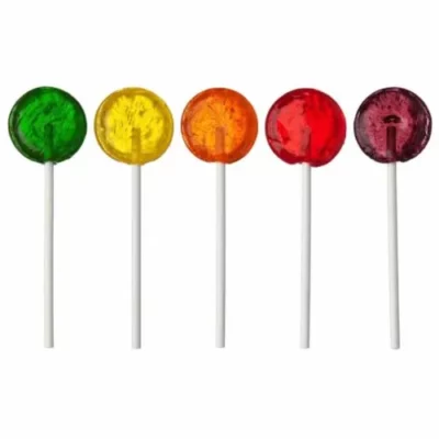Assorted colorful lollipops in a row, flavors from apple to grape.