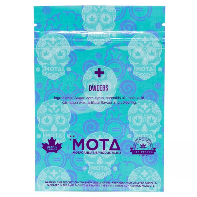 MOTA Dweebs Cannabis Edibles Package with THC and Allergy Warnings