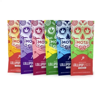 MOTA 150mg THC-infused lollipops in five fruity flavors with colorful packaging.