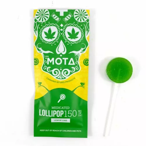 MOTA Cannabis Infused Lemon Lime Lollipop - 150mg THC, child and pet safety warning.