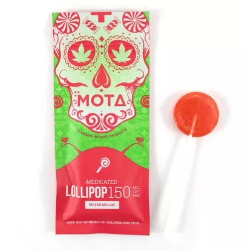 MOTA Watermelon THC Lollipop 150mg with Cannabis Leaf Design and Child Safety Warning