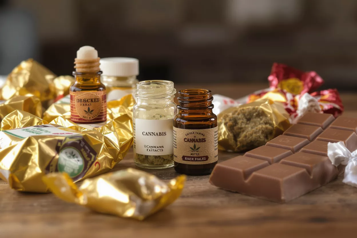 Variety of cannabis products arranged on a table