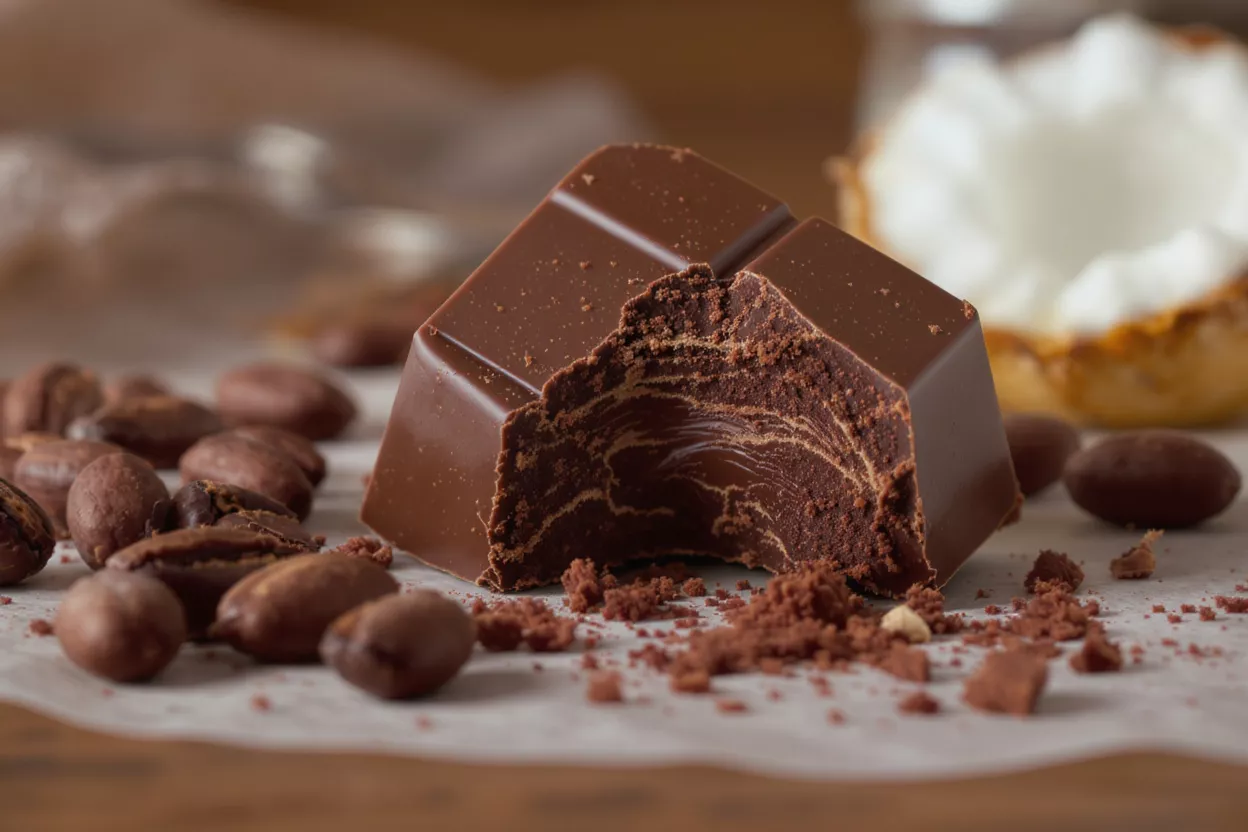 Close-up of chocolate piece with cocoa beans