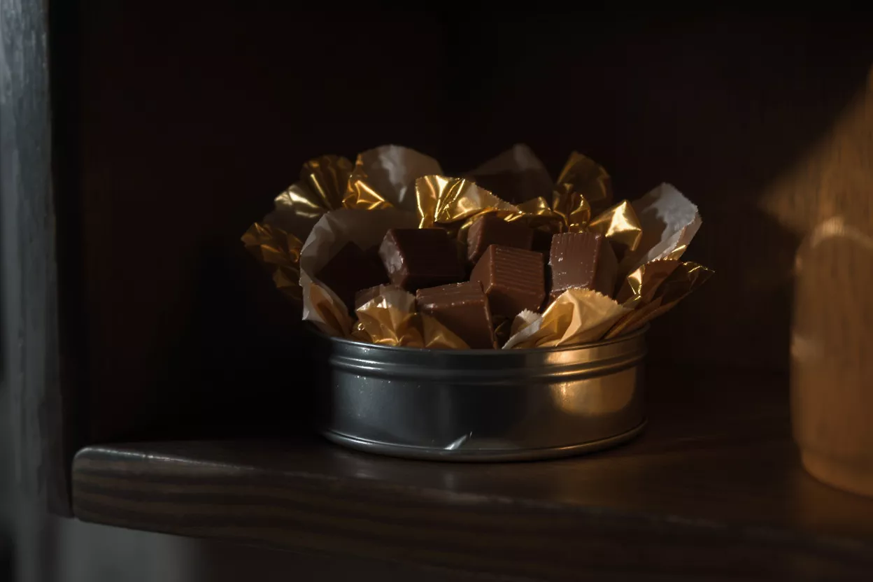 Tin filled with chocolate cubes wrapped in gold paper