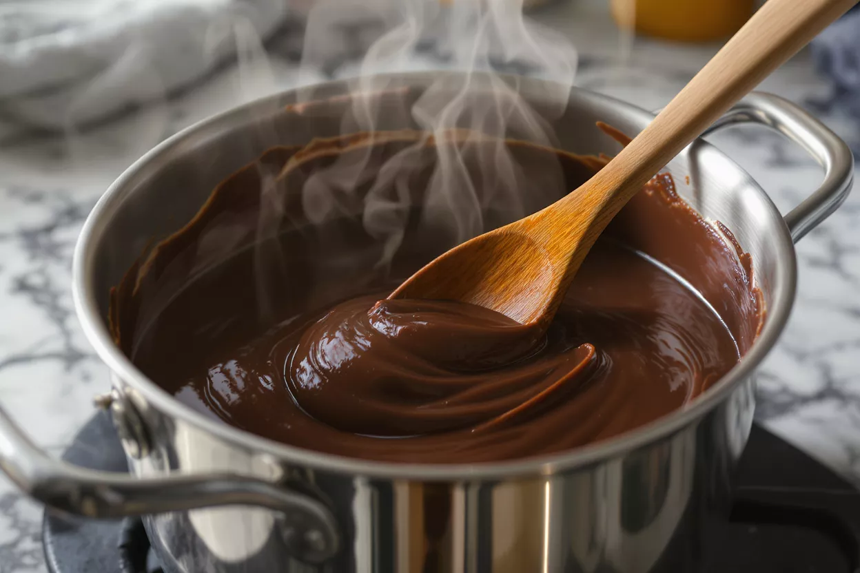 A pot of warm, smooth chocolate sauce being stirred