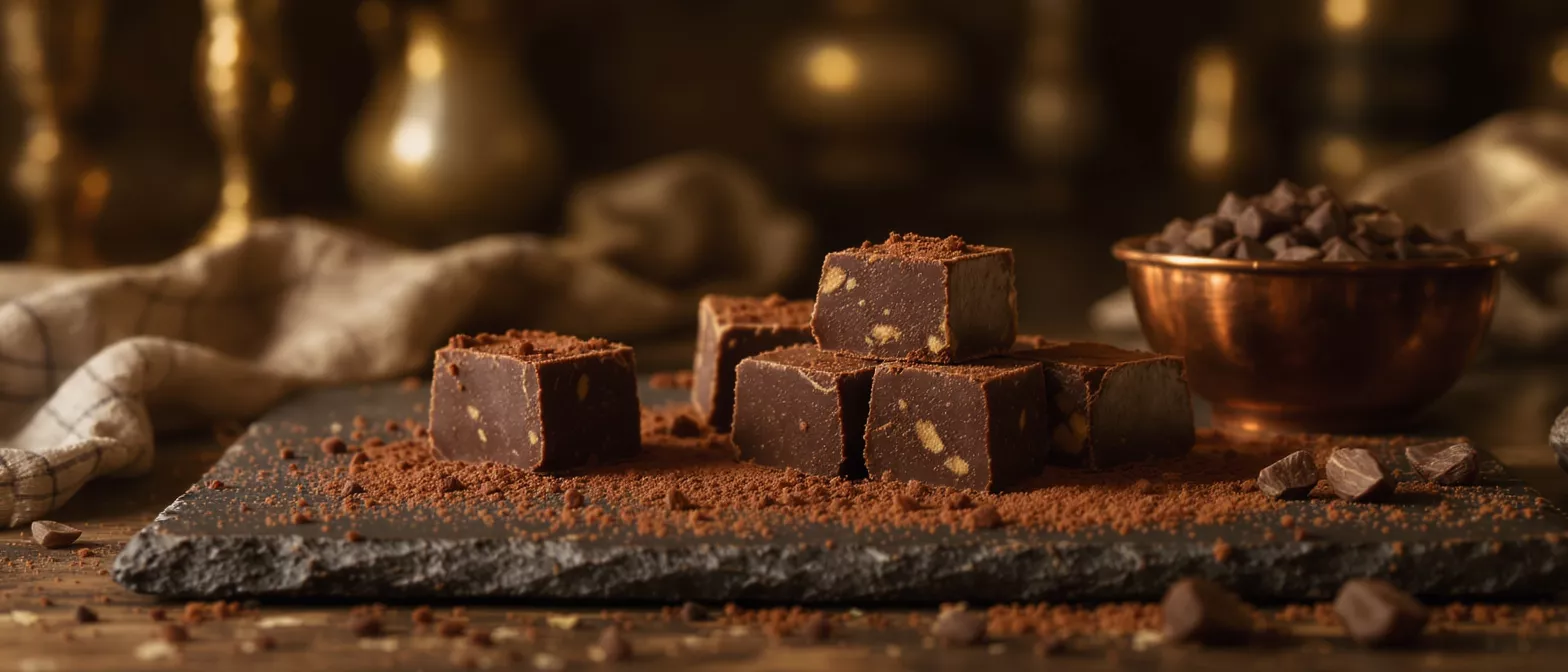 Chocolate fudge squares on a slate surface