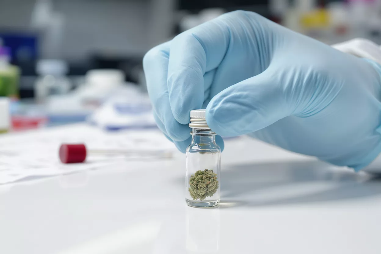 Gloved hand holding a small glass vial with cannabis bud inside a laboratory.