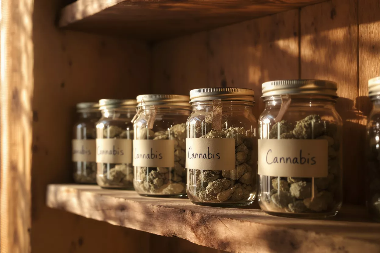 Several glass jars filled with cannabis buds, labeled, on a rustic wooden shelf.