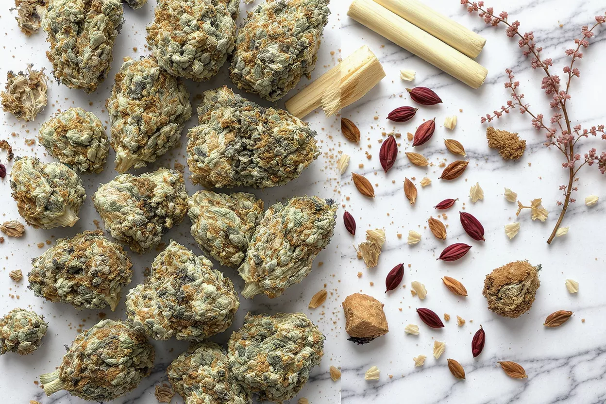 Overhead view of cannabis buds, dried leaves, and plant stems on marble.