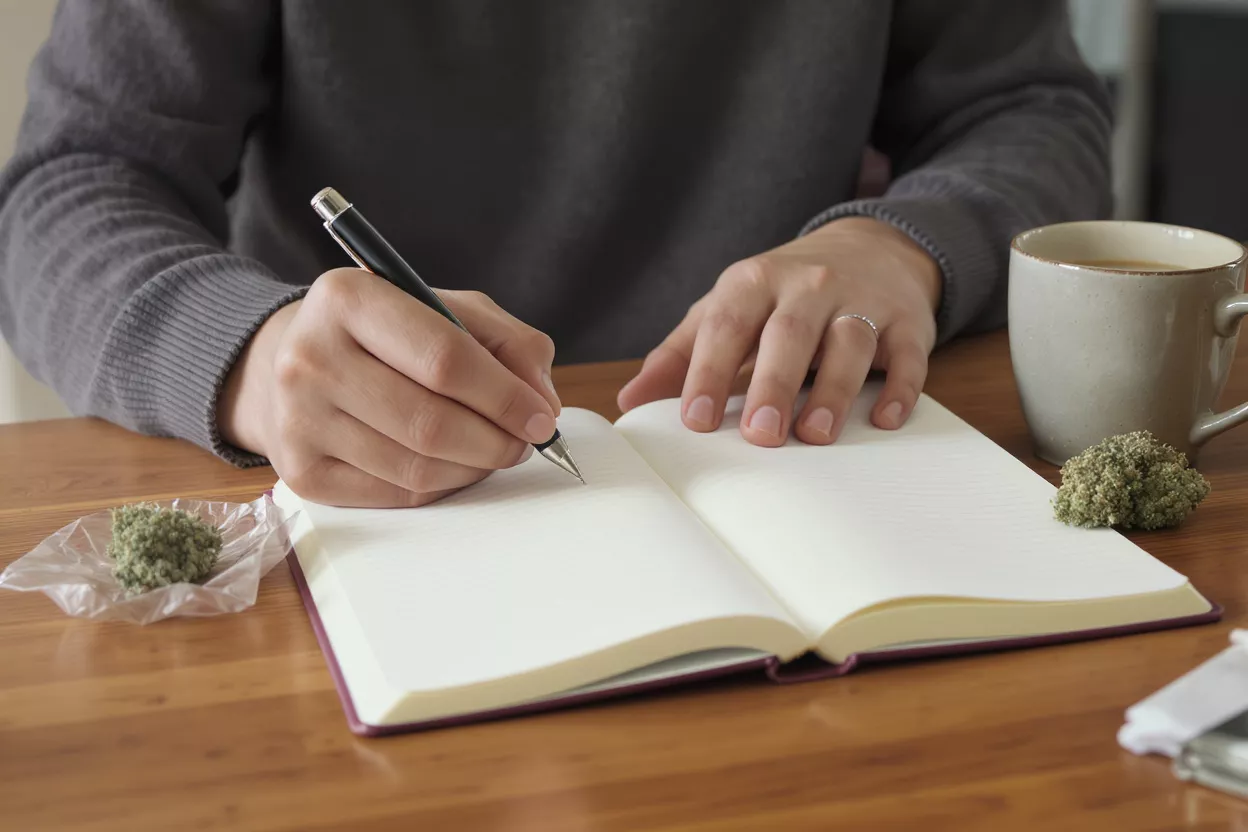 Person writing in a journal with cannabis, coffee, and a pen on a wooden table.