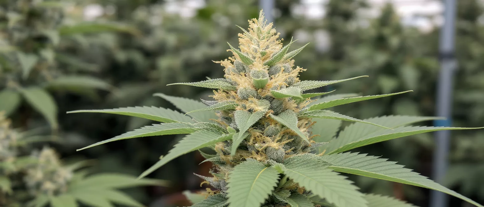 Close-up of a vibrant cannabis bud with trichomes and pistils.