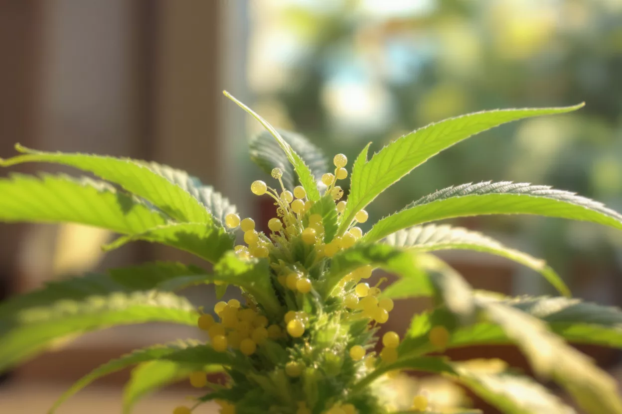 Close-up of a cannabis plant with yellow flowers