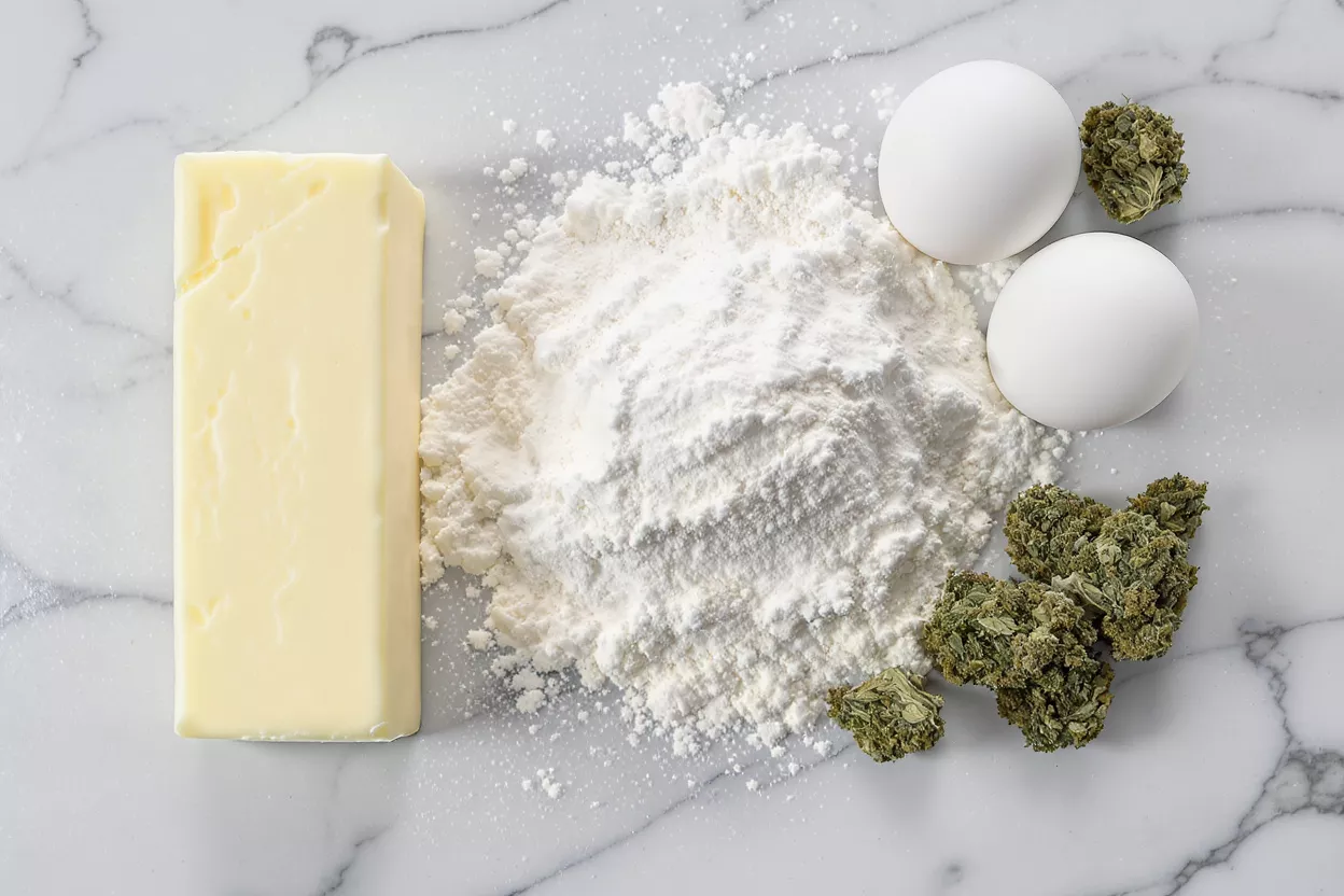 Baking Ingredients Display Butter, flour, eggs, and cannabis on marble surface