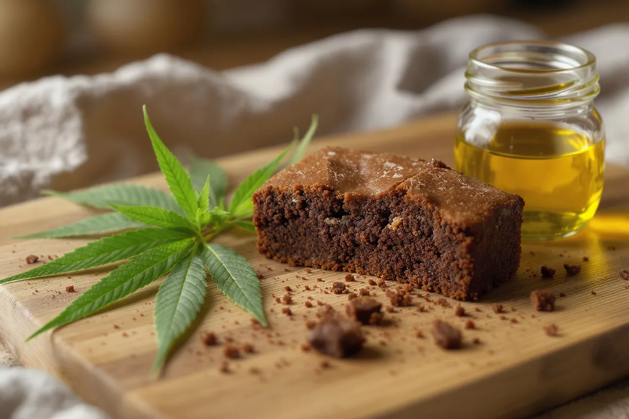 Cannabis Infused Brownie Delicious cannabis infused brownie on a wooden board