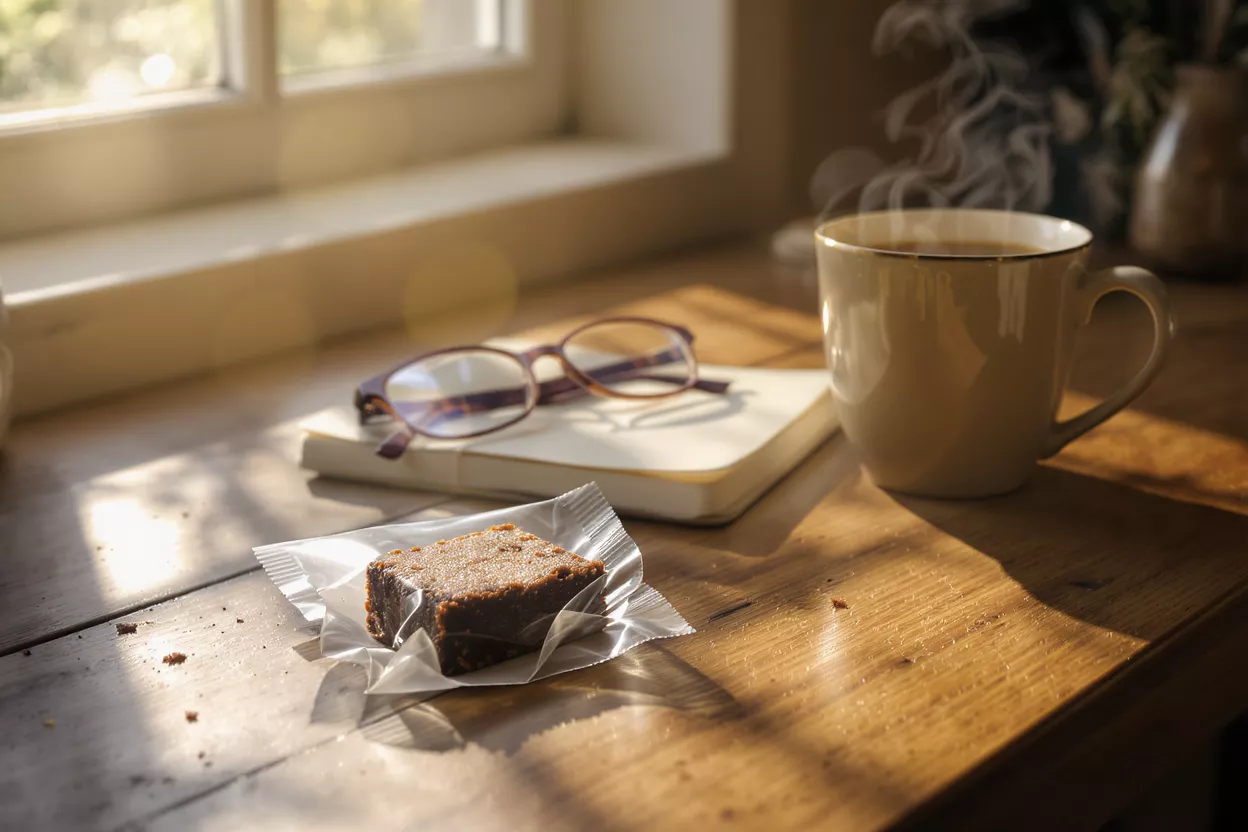 Coffee and Snack Moment A cozy scene with coffee, a snack, and glasses