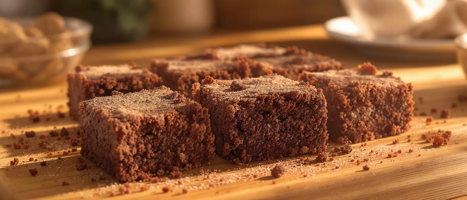 Freshly baked chocolate brownies on a wooden table