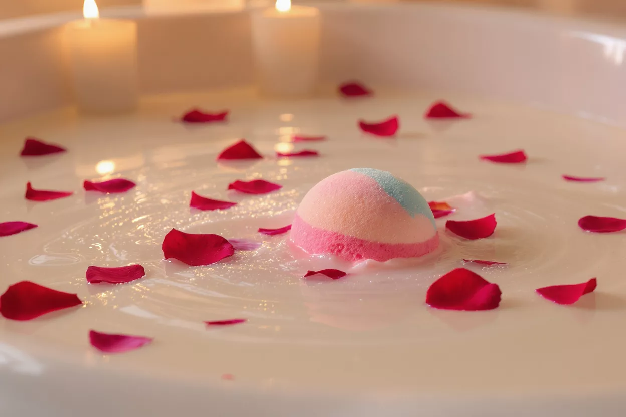 Relaxing Bath Scene Colorful bath bomb surrounded by rose petals