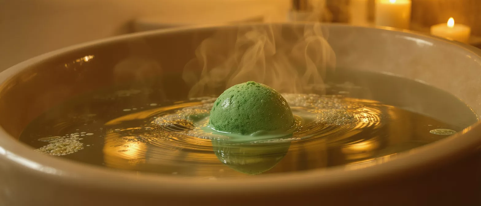Green bath bomb dissolving in warm water