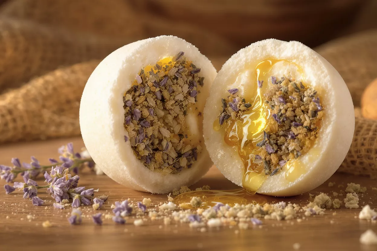 Lavender Bath Bomb Slice Sliced lavender bath bomb with honey and herbs
