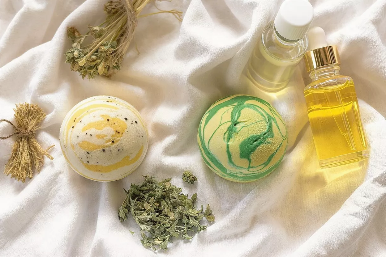 Natural Bath Products Colorful bath bombs and essential oils on fabric