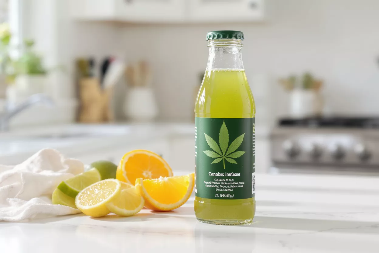 Cannabis Infused Beverage Bottle of cannabis infused drink with citrus fruits