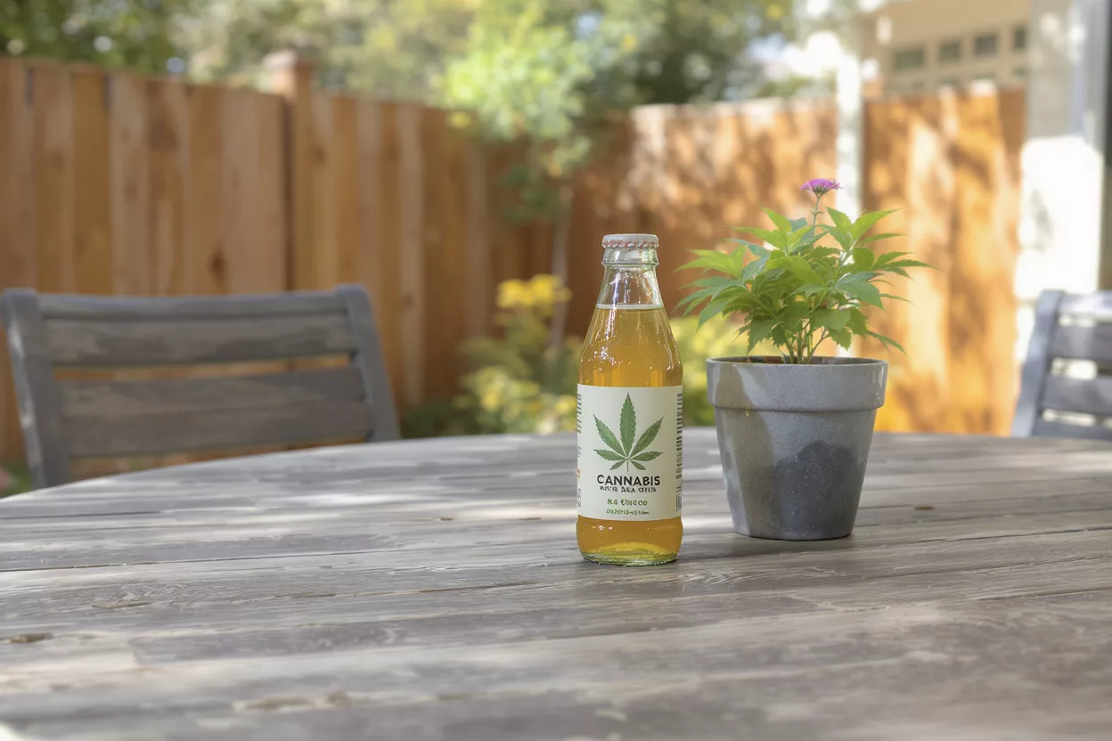 Cannabis Infused Beverage A cannabis-infused drink on a wooden table outdoors